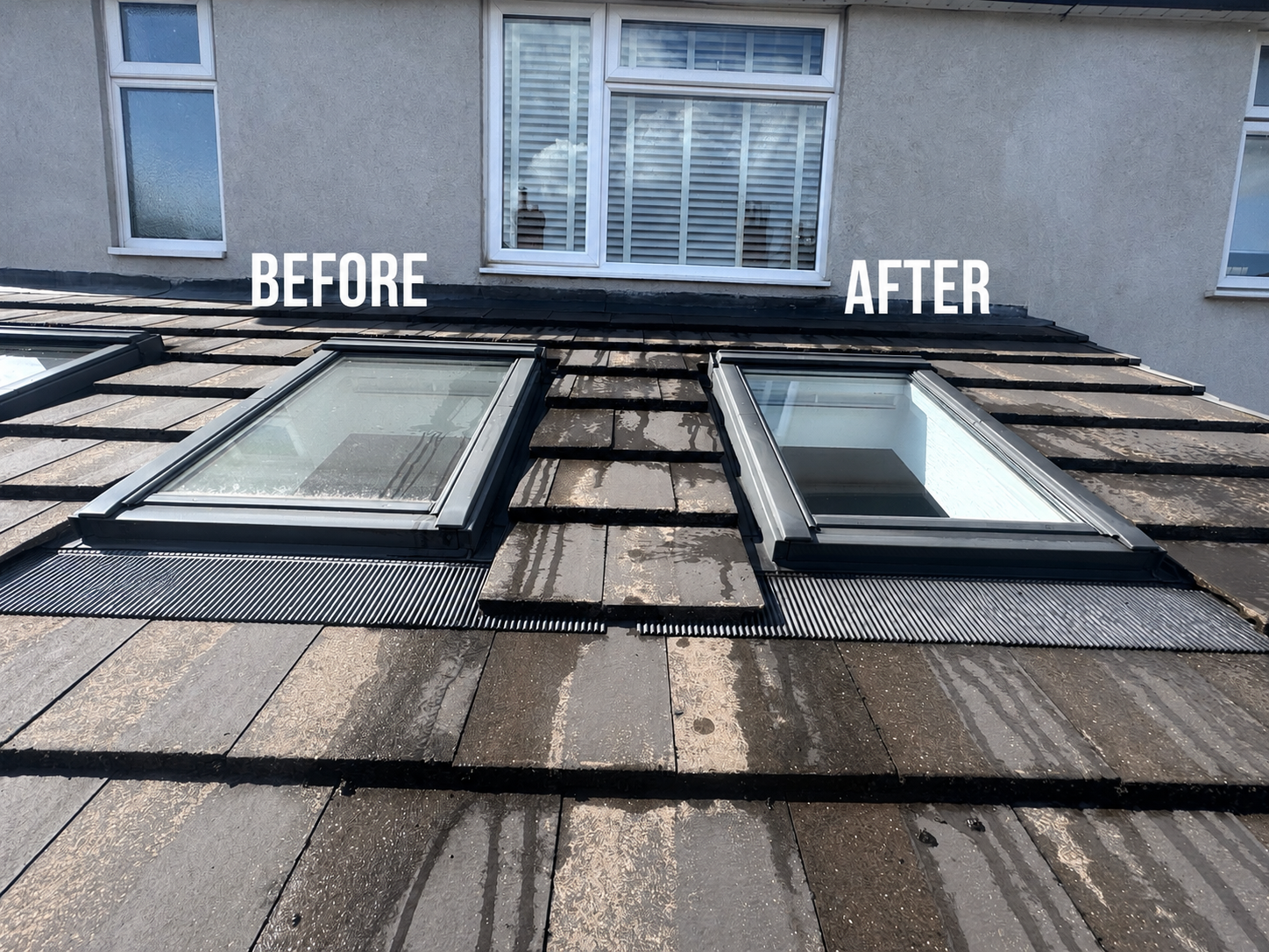 Roof skylight before and after cleaning — algae removed and glass restored